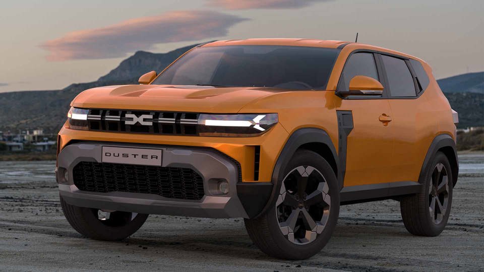 Orange Dacica Duster parked on gravel with hills in the background