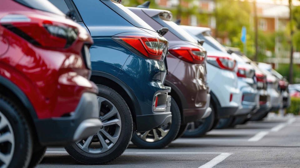 Line of cars parked in a car park