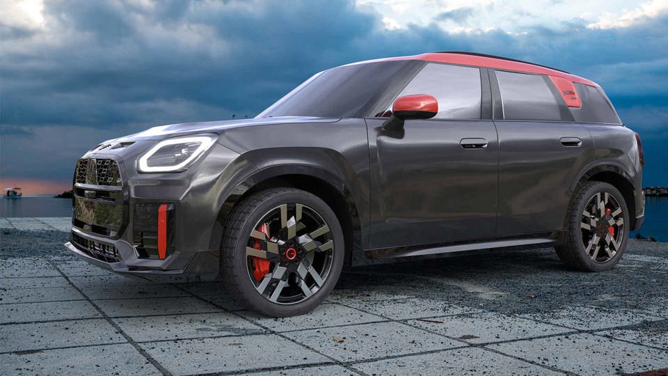 Black and red Mini Countryman parked on a rooftop with the sea in the background